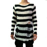 Punk Gothic Cool Male Striped Long Sweater Man Stretch Thin Pullover Broken Sweaters Hollow Out Slit Spring KnitTop Jumpers 2020 - webtekdev
