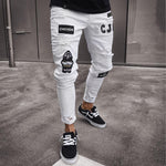 2020 Hot Men's Painted Skinny Slim Fit Straight Ripped Distressed Pleated Knee Patch Denim Pants Stretch Pleated Snowflake jeans - webtekdev