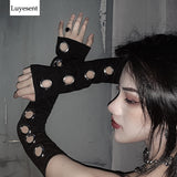 Black Punk Gothic Hollow Out Unisex Women Men Eyelet Sport Outdoor Elbow Length Sleeve 2020 Cool Stretch Character Arm Warmer (black One Size) - webtekdev