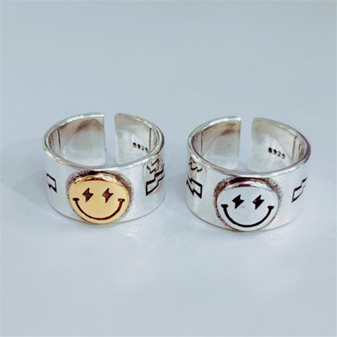 Hot Sale Happy Smiley Face Lightning 925 Sterling Silver Female Ring Big Large Retro Vintage Golden Gothic Women Jewelry Rings - webtekdev