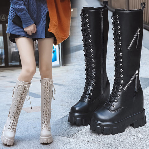 2019 New Combat Boots ladies Lace Up Gothic Black Sock Platform Boots Leather Martin Knees High Boots Women Shoes Botas Mujer - webtekdev