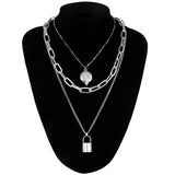 Double layer Lock Chain necklace punk 90s link chain silver color padlock pendant necklace women fashion gothic  jewelry - webtekdev