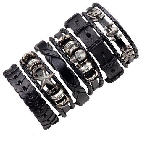 WarBLade 6pcs/Set Black Men Genuine Leather Bracelet Vintage Skull Braided Bracelets Bangle Punk Wrap Wristband For Male Jewelry - webtekdev