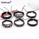 WarBLade 6pcs/Set Black Men Genuine Leather Bracelet Vintage Skull Braided Bracelets Bangle Punk Wrap Wristband For Male Jewelry - webtekdev